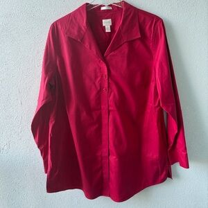 Chico’s No Iron Button Up Long Sleeve Cuffs Size XL Red Office Career Cotton